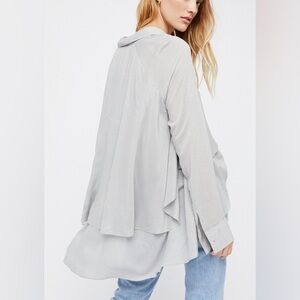 Free People Gray And White Hi-Low Flowy Assymetrical Striped Button Down Shirt